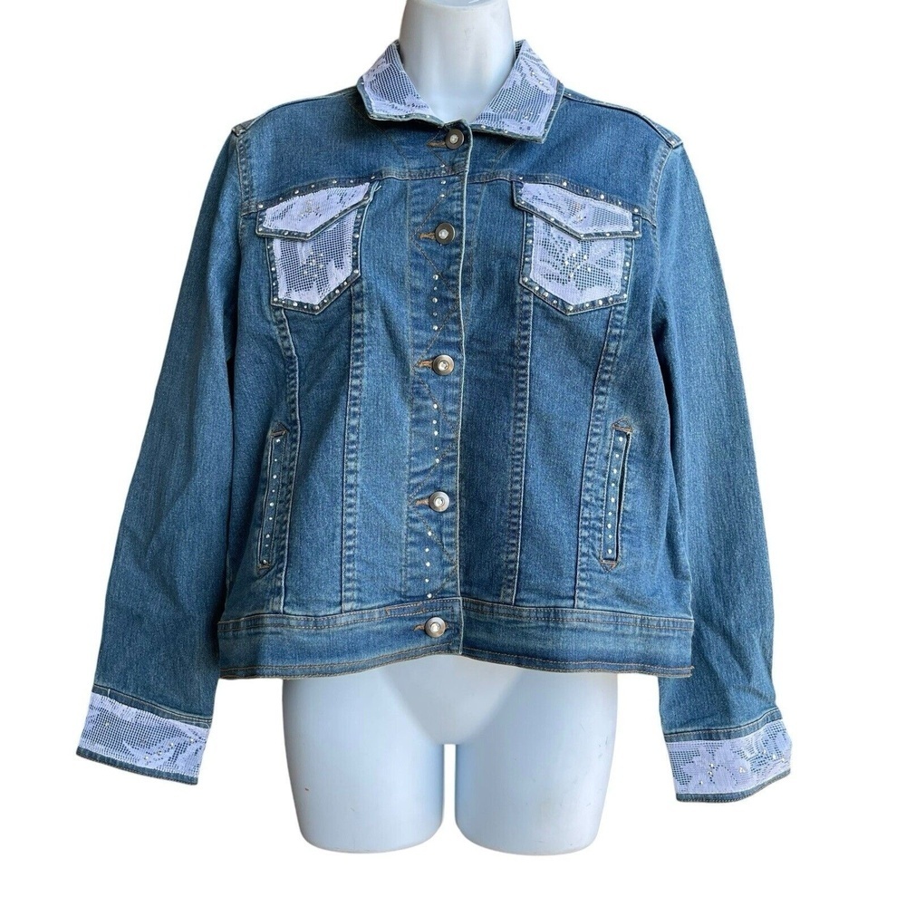 LANIE New York Trucker Denim Jacket Blue Rhinestones Lace Long Sleeve Women's M